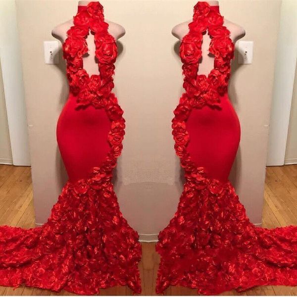 Дизайн Halter Red Mermaid Prom Transples Appliques Sexy Forforment Вечернее платье Размельки Поезд Сатин Мода Коктейль Платья