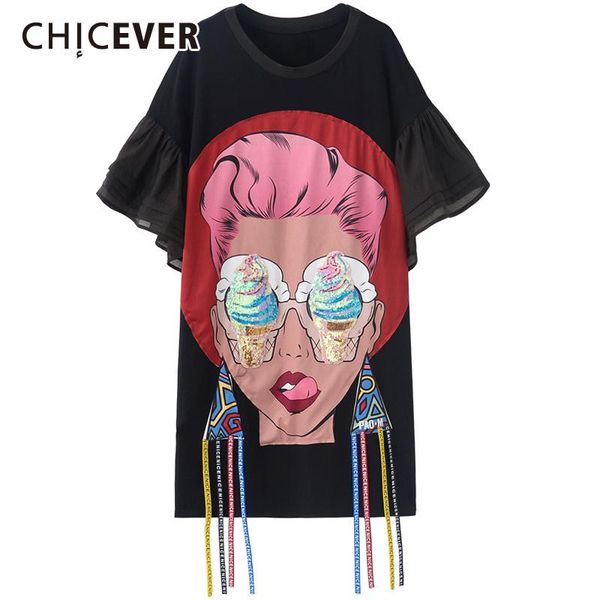 

women's t-shirt chicever character print tassel o neck butterfly sleeves long plus size t-shirts female 2021 summer fashion, White