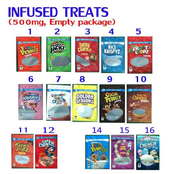 

500mg infused cereal treats edibles packaging mylar bags froot loopz lucky charmz rice krispyz fruity pebblez apple jackz