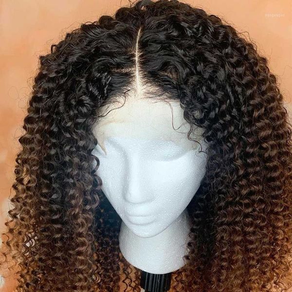 

lace frontal human hair wig pre plucked brazilian remy ombre kinky curly colored invisible for black women atina1, Black;brown