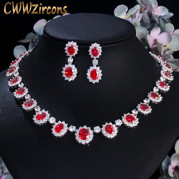 

earrings & necklace cwwzircons white gold color red and green cz crystal bridal jewelry luxury wedding jewelries sets t160, Silver