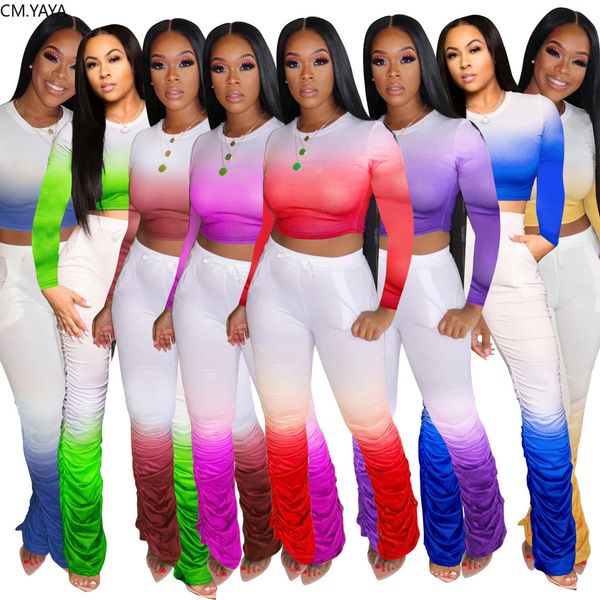 

active wear gradient womens set long sleeve t-shirt staed flare bellbottom pants suit trasuit two piece set outfitby air, White