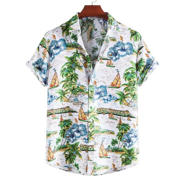 

men's casual shirts leaf printed fashion summer short sleeve blouse hawaiian shirt retro chemise homme, White;black