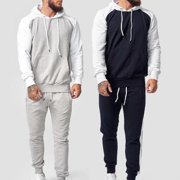 

men's tracksuits pants suit contrast color hooded loose drawstring men sports for work, Gray