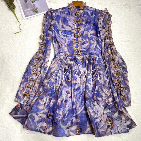 

casual dresses women silk+ linen printed butterfly long sleeve mini dress, Black;gray