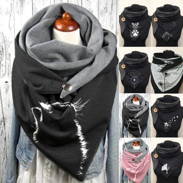 

scarves women cute cat print scarf multi-purpose button shawl female warm retro femme neck wraps soft foulard bufand hijabs, Blue;gray
