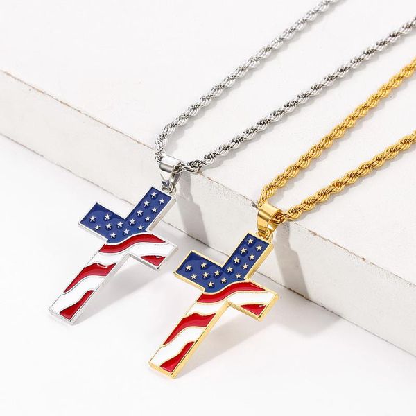 Colares pingentes Cruz Colar Crucifix para Homens Mulheres Corrente de Ouro Estrelas e Listras Flag Jesus Link Wholesale Jóias