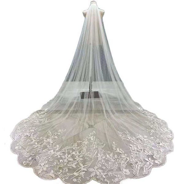 

bridal veils white cathedral wedding veil with lace 3d floral appliques vestido de noiva longo custom made two layers, Black