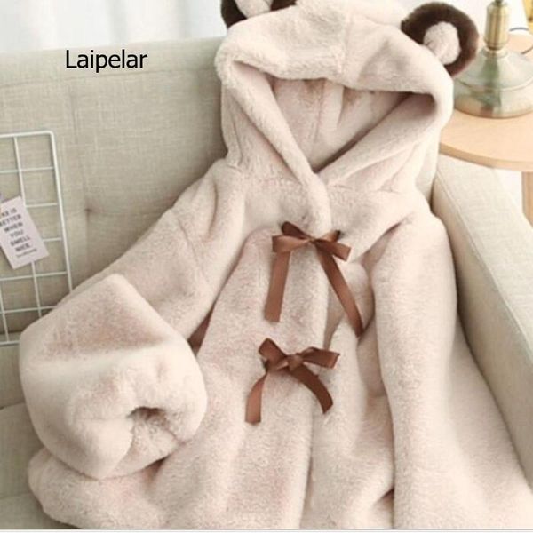 

women's fur & faux plush coat female cute autumn and winter 2021 hooded bear ears thickened, Black