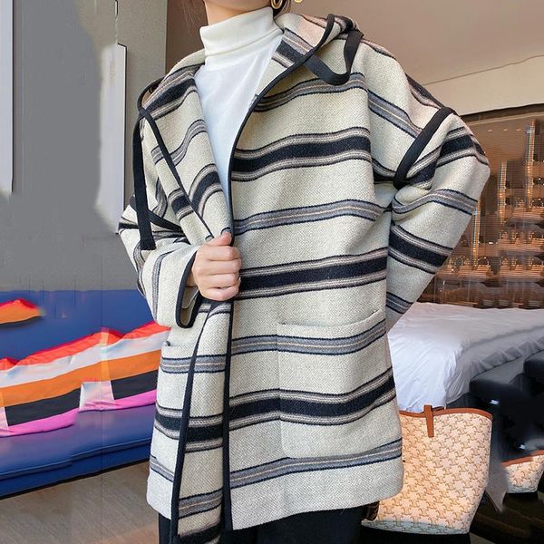 

women's wool & blends [ewq] korea chic autumn winter lazy wind loose double-sided tweed coat striped cashmere kaschmir mantel 16e3914, Black