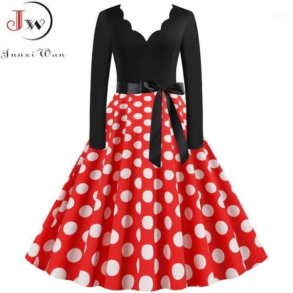

fashion christmas dress women vintage winter polka dot print long sleeve casual elegant party plus size s~3xl robe femme1, Black;gray