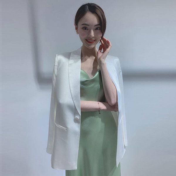 

luxury silk satin acetate blazer long sleeve female outerwear chic single button fake pockets women fashion office coats women's suits, White;black