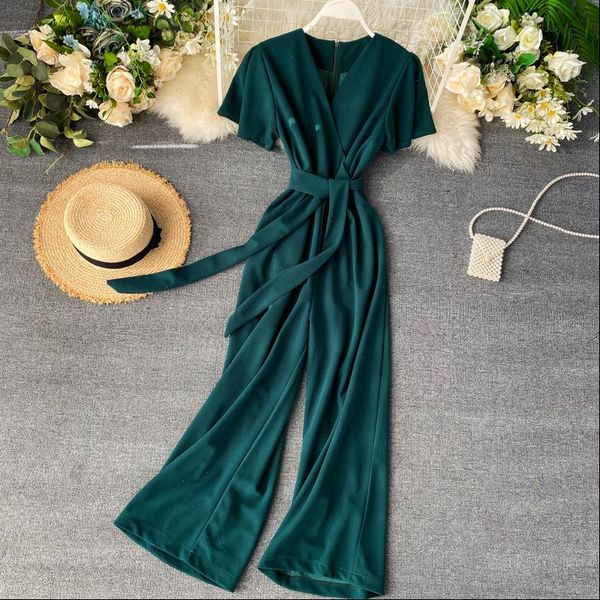 

womens jumpsuit solid spring bandage slim office rompers v neck summer full length casual women elegant playsuit high waist romper, Black;white