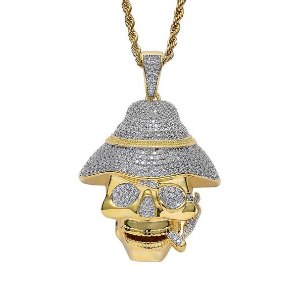 Anhänger Halsketten Hip Hop Micro gepflasterte Kubikzirkonia Bling aus Raucherschädel Anhänger für Männer Schmuck Tropfen Gold Farbe