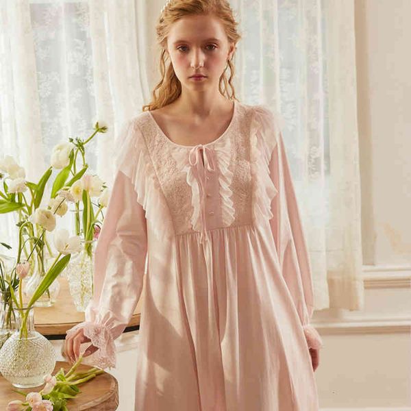 

women's sleepwear cotton nightgown wear long sleeve pink white h42j, Black;red