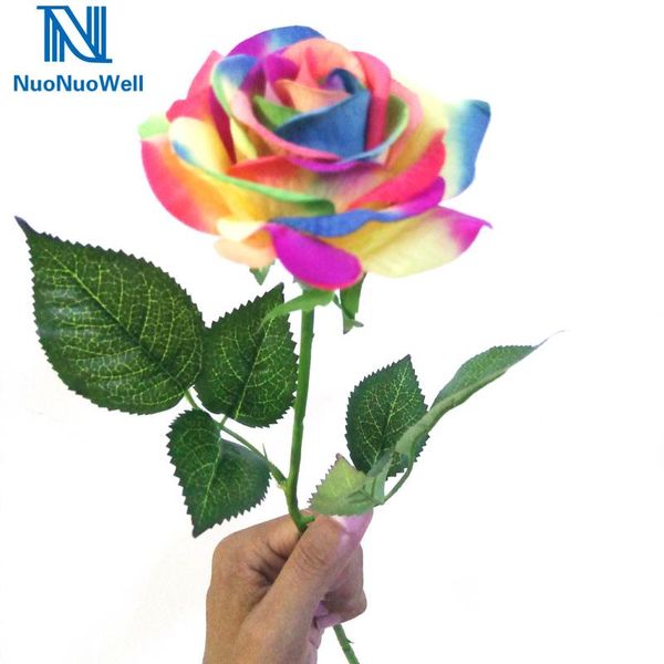 

nuonuowell 10 pcs single stem colorful silk flower artificial rainbow rose real touch wedding home decor gift bouquets decorative flowers &