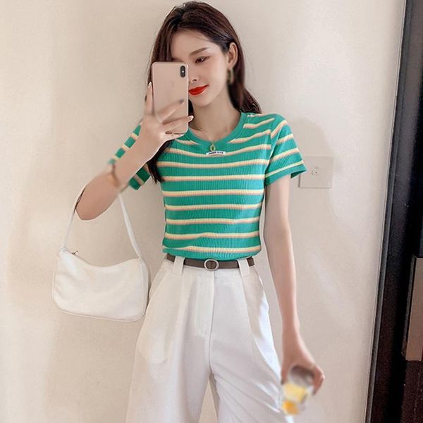 

women's t-shirt daxin o neck rainbow striped summer t-shirts casual slim knitted short sleeve female crop ladies shirt, White