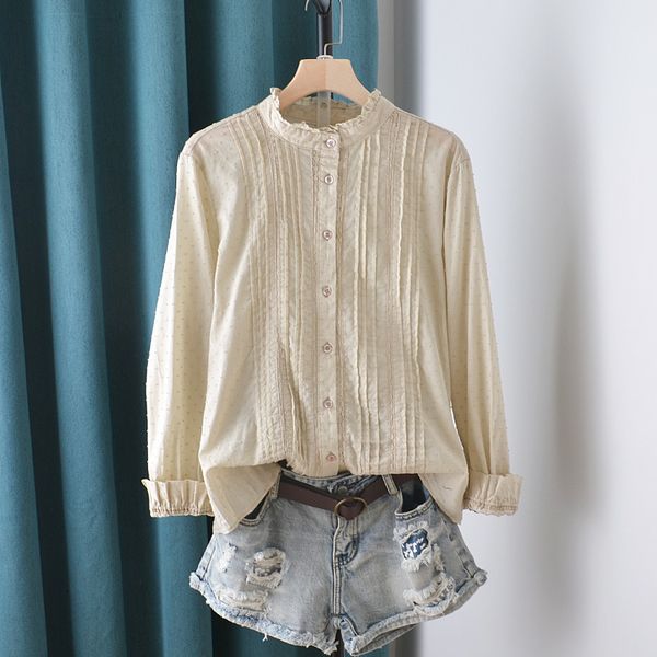 

women's blouses & shirts lamtrip solid pleated ruffled collar polka dots long sleeve casual shirt blouse vintage 2021 spring j6rt, White