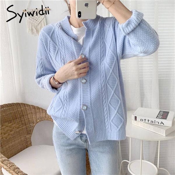

women's knits & tees syiwidii green knit cardigan sweater woman autumn winter 2021 button up raglan sleeve o-neck pockets casual coats, White