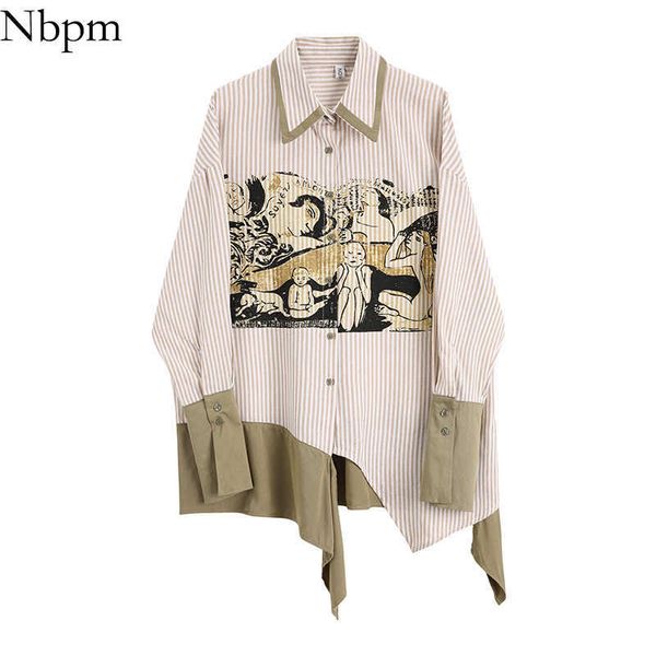

nbpm women blouses fashion patchwork art printing women's blouse striped shirt long sleeve blouses elegant female loose 210529, White