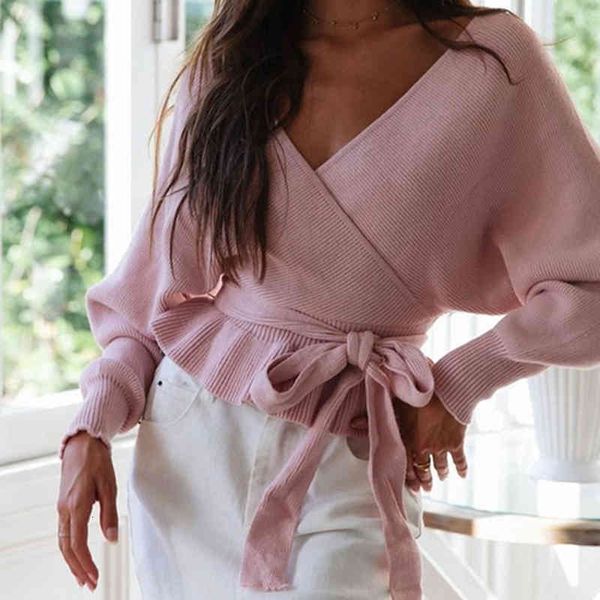 

women's sweaters backless v-neck sweater women pullover autumn winter knitted femme ruffle hem soft lace up female jumpers, White;black