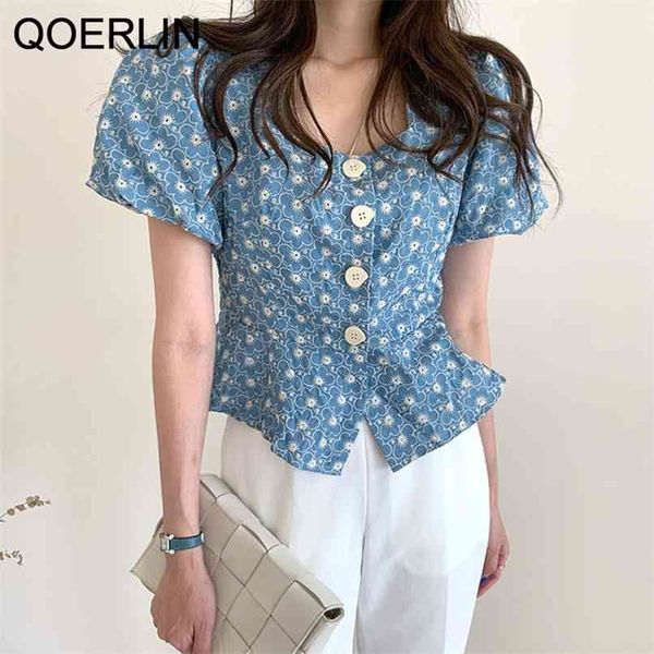 

puff sleeve korean outwear stylish chic office lady casual elegance embroidered florals all match shirts 210601, White