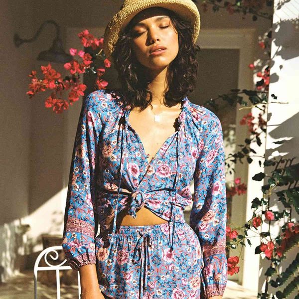 

knits spring autumn shirt women blouse boho floral print ruffle neck long sleeve shirts blusas de mujer women's vyir, White