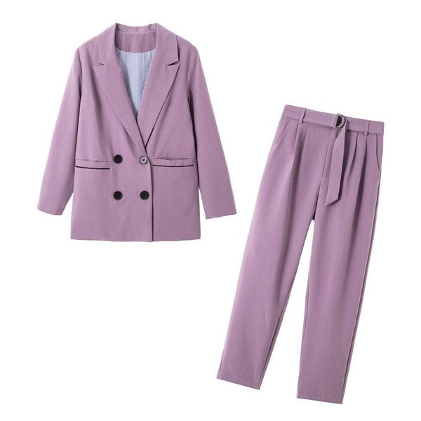 

women's tracksuits women spring autumn office lady 2 two piece set double breasted blazer coat with high waist suits pants, Gray