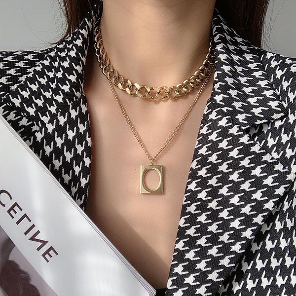 

pendant necklaces minar double layered hollow rectangle necklace for women chunky cuban chain titanium steel chokers jewellery, Silver