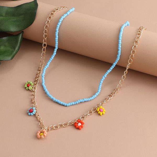 Anhänger Halsketten Gewebte Reisperle Blume Mehrschichtige Halskette Frauen String Perlen Kurzes Halsband Schmuck Halsreifen Geschenk 1 Stück