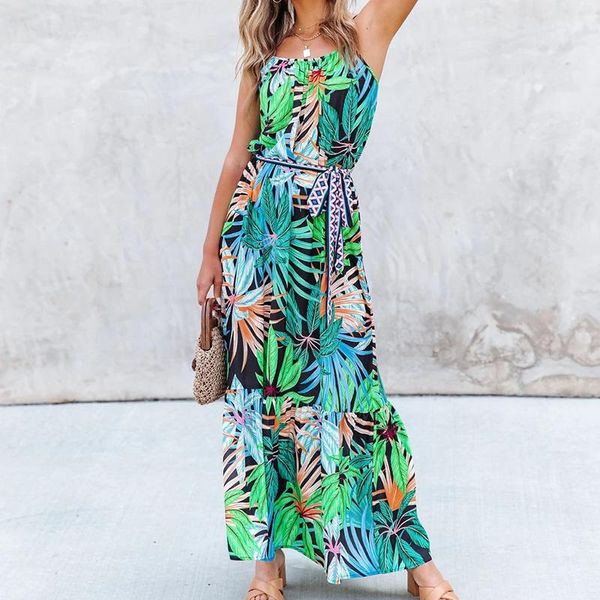 

casual dresses 2021 boho sleeveless long print dress women spaghetti strap green female a line sundress holiday party vestidos, Black;gray