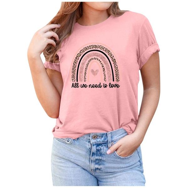 

women's t-shirt women t-shirts streetwear o-neck leopard rainbow heart print short sleeve casual loose oversize clothing, White