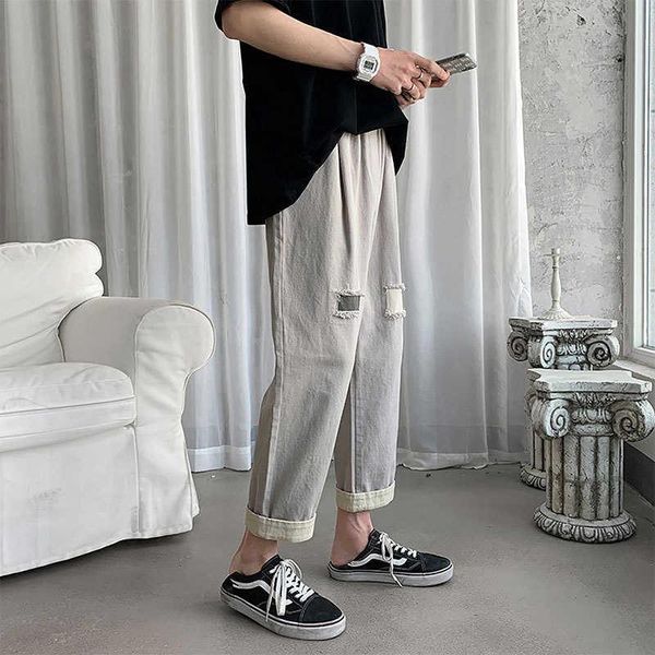 

men's pants overalls casual korean fashion bf harajuku brand net red hole loose straight, Black