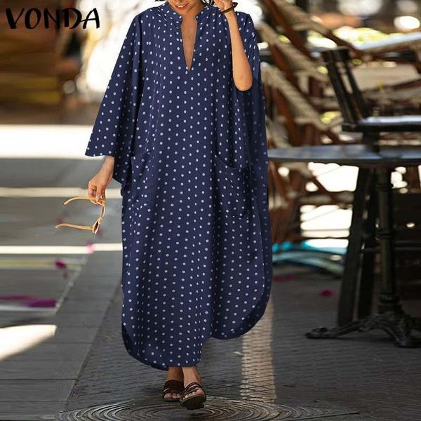 

women sundress polka dot asymmetric maxi dress loose summer kaftan plus size vonda vestidos robe femme s-5xl casual dresses, Black;gray