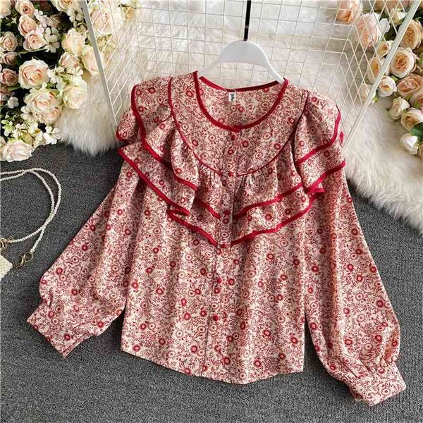 

spring girly sweet print shirt female ruffled lantern sleeve chiffon slim uk489 210507, White