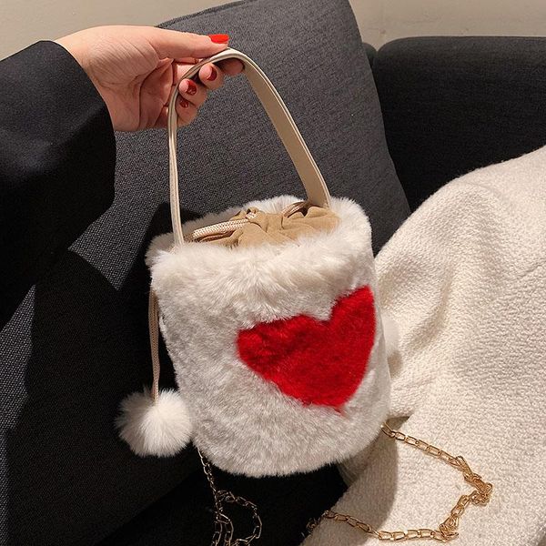 

evening bags leftside faux fur cute bucket totes 2021 winter high-quality soft plush women's designer handbag travel shoulder bag