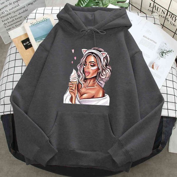 

men's hoodie, cartoon street cloth, harajuku style, retro, loose, with pockets, animation style, printed with "eat ice cream print, Black