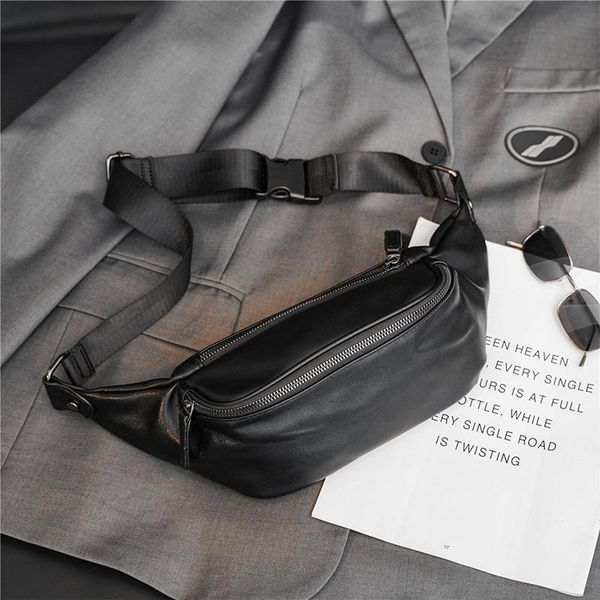 

waist bags pu leather men's shoulder chest bag travel vintage business luxury male packs fashion crossbody for man 2021 black