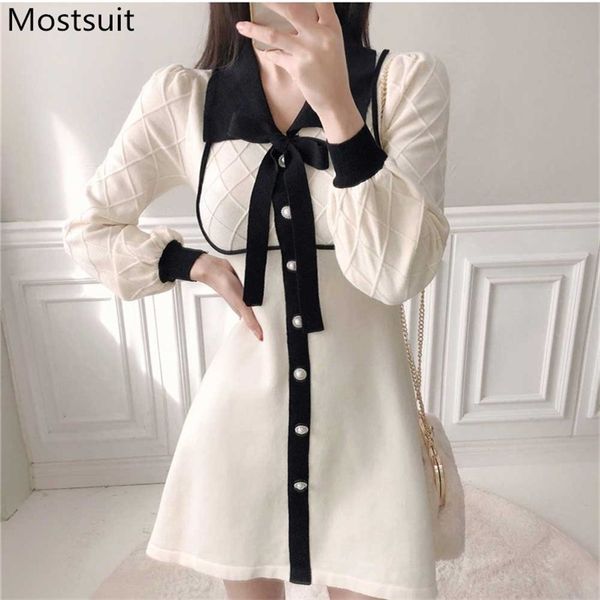 

vintage elegant knitted women mini dress spring long sleeve bow single-breasted a-line korean ladies fashion vestidos 210513, Black;gray