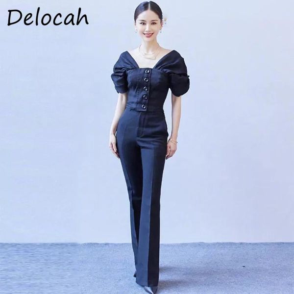 

women's two piece pants delocah 2021 summer women fashion runwayÂ pants set puff sleeve single breasted short + high waist long black su, White