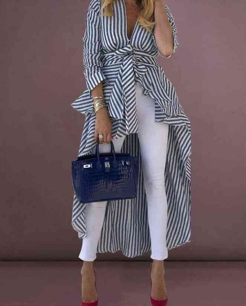 

womens striped long tail shirts long sleeve v-neck elegant bowknow lace-up blouse ladies ol work button feminine shirt, White