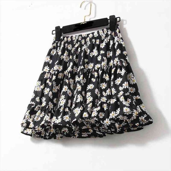 

summer with shorts high waist women skirts floral printing ruffle kawaii cute sweet girls mini, Black