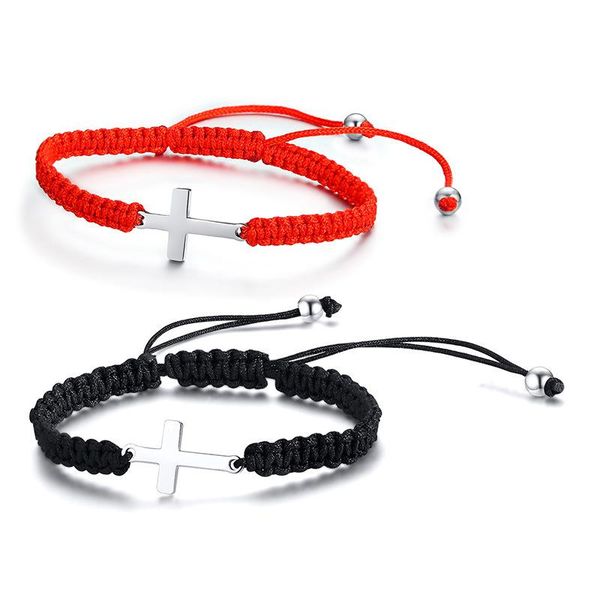 

titanium steel cross + nylon rope bracelets red and black christianity woven hand strap link, chain