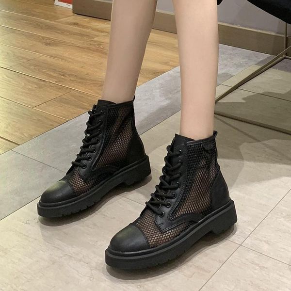 

boots fashion women mesh lace-up solid color casual short boot hollow out round toe ankle booties shoes footwear botas mujer#g3, Black