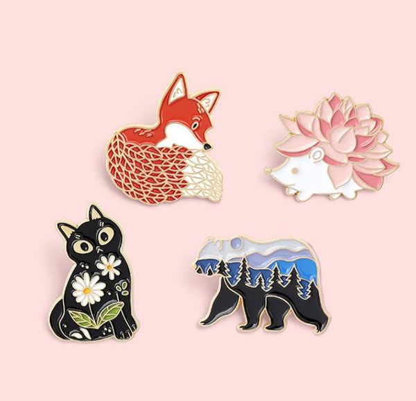 Waldgarten Emaille Pin Benutzerdefinierte Fuchs Katze Bär Igel Broschen Tasche Anstecknadel Cartoon Tier Abzeichen Schmuck Geschenk für Kinder Freunde GC785