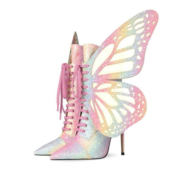 

dress shoes bling wing high heel pumps butterfly ankle boots pointed toe gladiator lace up performance stage women party, Black