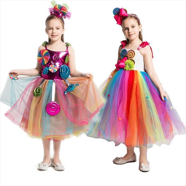 

girls rainbow candy kids lollipop girl dresses modeling frock baby performance costumes summer children birthday party clothes, Red;yellow