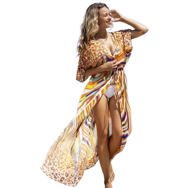

women's swimwear a5kc women bikini swimsuit cover up rainbow striped leopard print kimono cardigan, White;black
