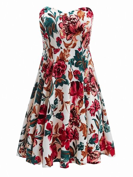 

plus floral print flare hem tube dress v660#, Black