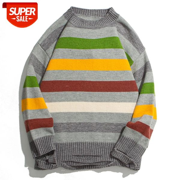 

holes striped men knitwear sweater casual harajuku streetwear oversize mens autumn hip hop loose clothing pullover #go1c, White;black